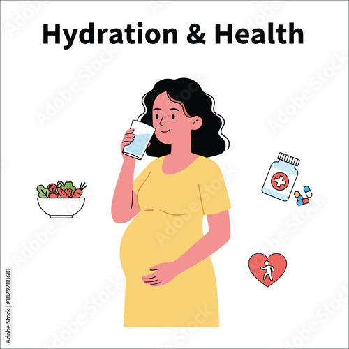 Pregnant Woman Drinking Water Surrounded by Health Icons glass