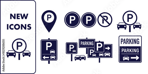 A diverse collection of vector parking signs and car park icons