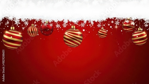 Festive red christmas background with hanging ornaments and snowflakes