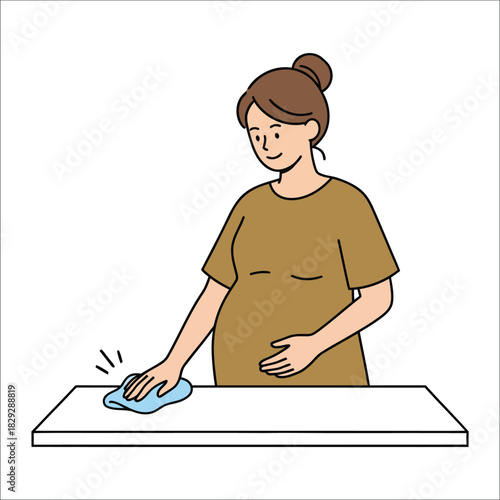 Pregnant woman cleaning a surface with a cloth Keywords: pregnant, woman, cleaning, surface