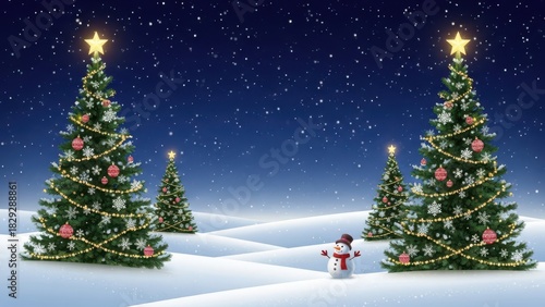 Festive christmas trees and a snowman in a snowy winter night scene
