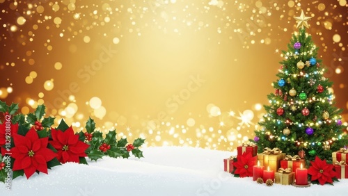 Sparkling christmas background with festive tree, gifts, and holly.