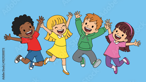 Cheerful Diverse Children Jumping Together in Joyful Celebration, Cartoon Vector Illustration of Happy Multicultural Kids