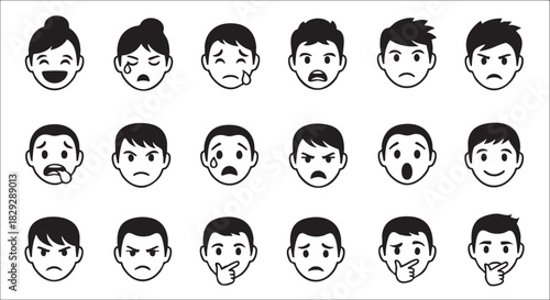 Collection of emotive face vector icons expressing different feelings and mood