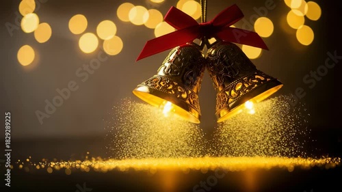 Golden christmas bells with a red ribbon and sparkling light, creating a festive and magical atmosphere