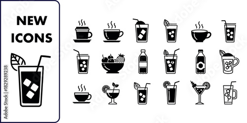 Vector glyph icon set of various drinks, beverages, coffee, and cocktails