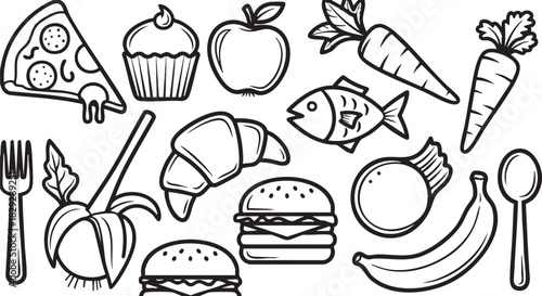 Delicious Food Black and White Outline Collection Vector Illustration