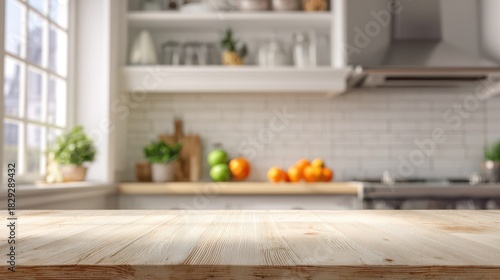 Bright modern kitchen interior with wooden table surface in foreground, ideal for product display or text overlay