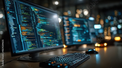Programming code displayed on modern computer monitors in a data center or office at night, showcasing software development and cybersecurity concepts.