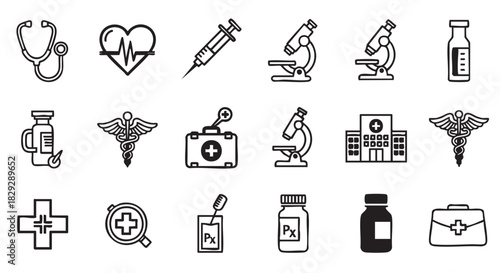 Healthcare Icons Set Medical Signs and Symbols Outline Style Vector