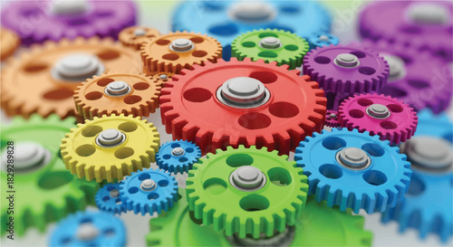 Colorful gears interlock creating a complex mechanical system for industry.