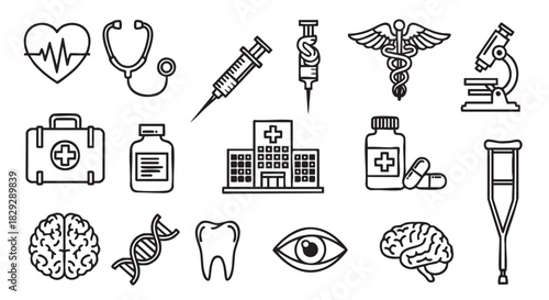 Medical icons illustration representing health and wellness symbols in black outline