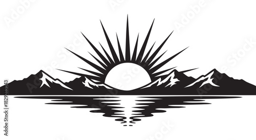 Monochrome landscape of mountain range water reflection and rising sun design