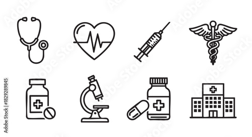 Medical icons depicting stethoscope heart rate pills and microscope illustration