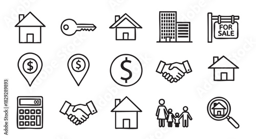 Real estate and finance outline icons representing investment and property