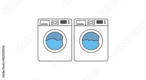 two washing machines with water inside perfect for illustrating laundry day or appliance sales in a clean modern design promoting household efficiency.