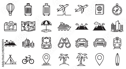 Travel and adventure themed hand drawn vector icon set design