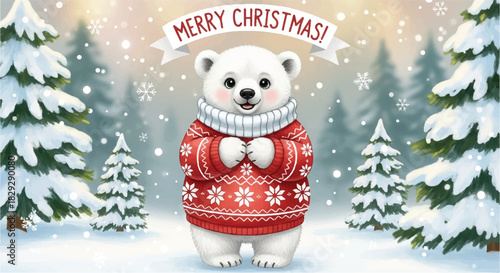 Cute polar bear wearing a festive red sweater in a snowy forest.