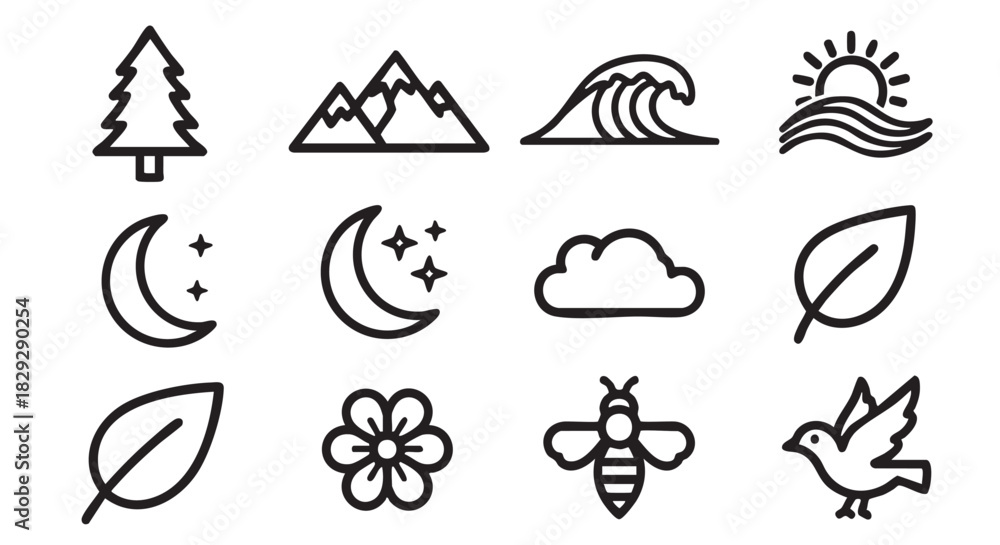 Fototapeta premium Vector illustration of nature elements tree mountains moon stars leaf flower