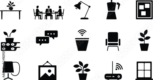 A curated collection of black icons representing a modern office and home workspace setup on a white background