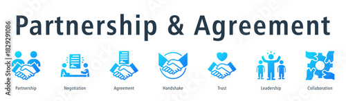 Partnership & Agreement web banner icon vector illustration concept with icon of partnership, negotiation, agreement, handshake, trust, leadership, and collaboration.
