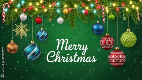 Merry christmas festive banner with ornaments, lights, and pine trees.