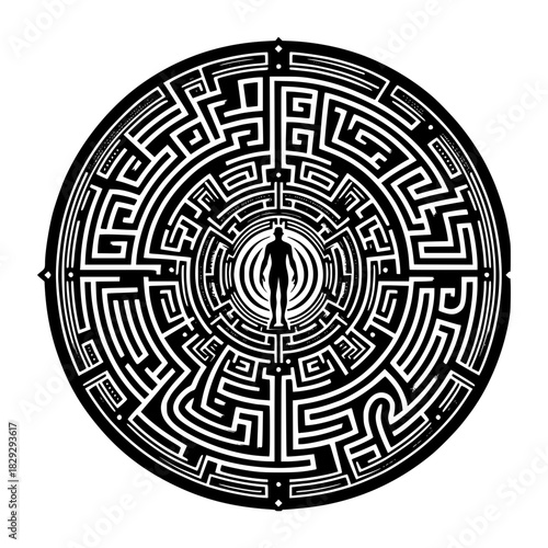 circular labyrinth pattern with human figure at the center vector image illustration
