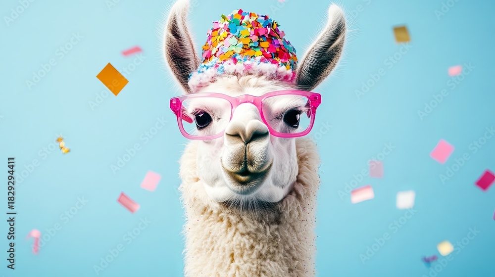 Obraz premium A festive llama with pink glasses, wearing a cap with colored confetti on top, smiling. .