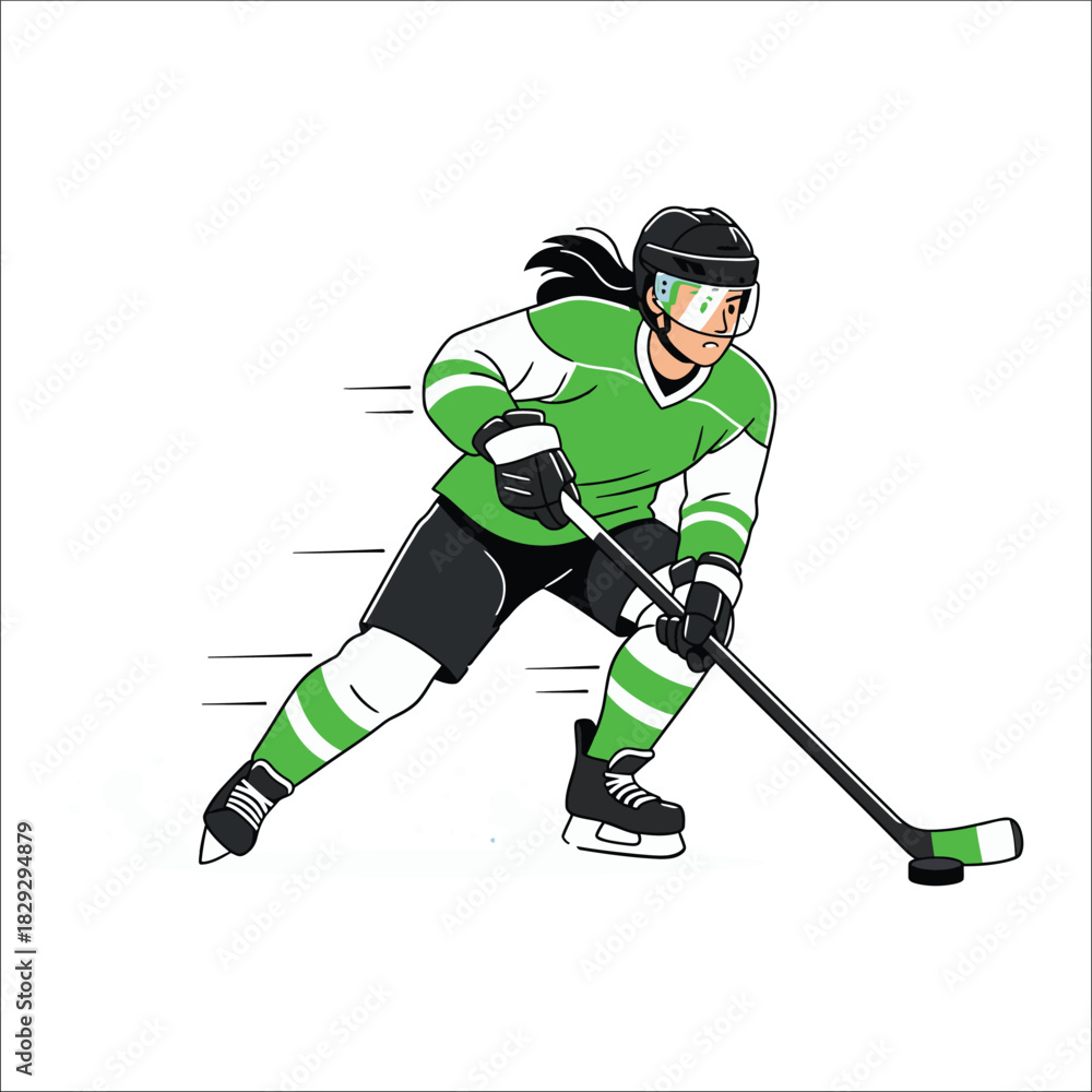 Fototapeta premium Female hockey player in green uniform skates with puck Keywords: hockey, ice hockey, player