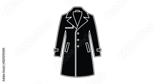 A striking black outline of a long classic overcoat fashionably presented as a silhouette