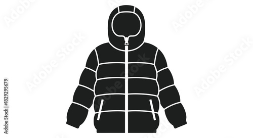 A graphic representation of a puffy winter jacket strikingly depicted as a silhouette