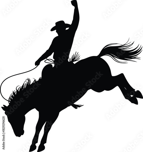 A dynamic black silhouette of a rodeo cowboy riding a bucking horse with one arm raised