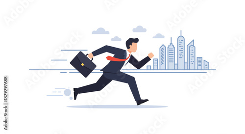 businessman running in city hurrying to work in the morning portraying urgency and career goals in a modern stylized urban landscape ideal for blogs