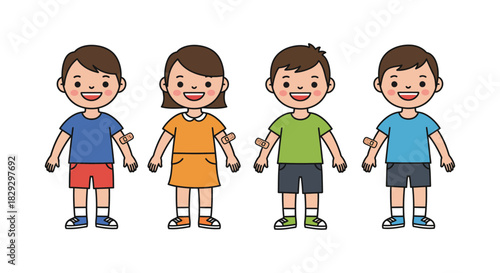 children with band-aids standing in a row after getting vaccinated representing pediatric healthcare and childhood immunization programs promoting wellbeing