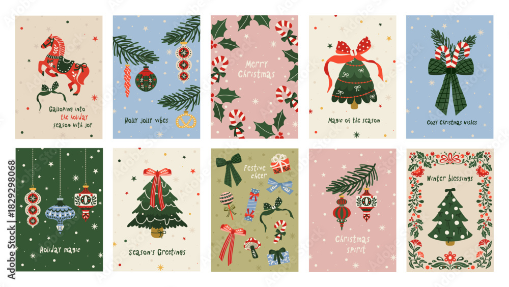 Obraz premium Set of Folk art Christmas holiday card. Winter xmas poster background with horse, Christmas tree, ornaments and gifts. Greeting card design template. Vector flat illustration