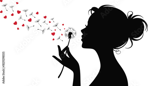 A serene womans silhouette gracefully blows a dandelion, symbolizing hopes and heartfelt romantic desires