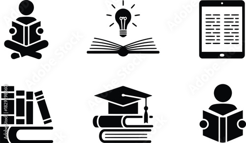 A useful set of six minimalist black icons depicting education, reading, and academic pursuits