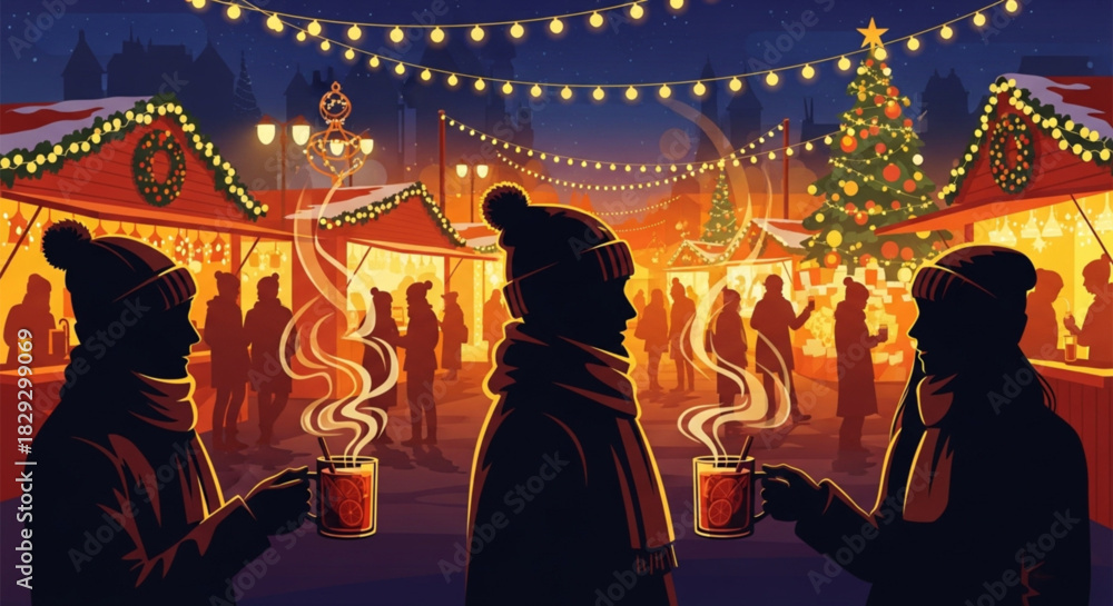 Obraz premium Three silhouetted figures enjoying hot steaming drinks at a winter market.