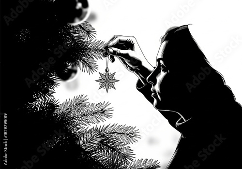 Black and white silhouette of a person decorating a Christmas tree with a star ornament.