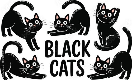 Adorable cartoon black cats in various stretching and reaching poses with BLACK CATS typography
