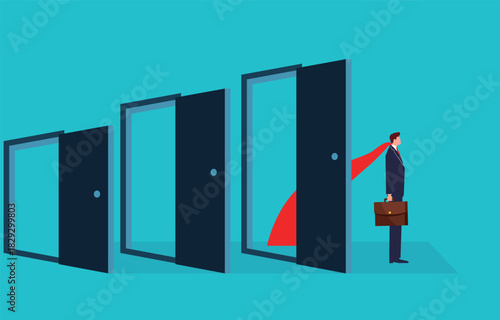 Career or Business Opportunities, Doors to Success, Career Challenges, Businessman Wearing Cape Success Through Endless Doors