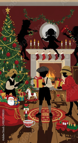 Vintage folk art illustration of a family celebrating Christmas Eve.