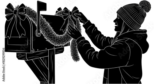 Black and white illustration of a person decorating a mailbox for the Christmas holiday.