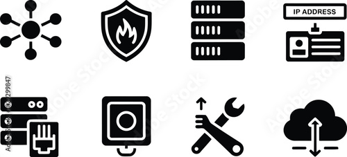 A versatile collection of black silhouette icons depicting server, security, and IT networking solutions