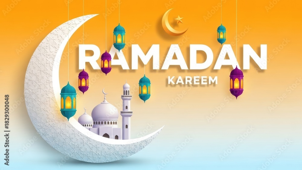 Obraz premium Ramadan kareem greeting with crescent moon, mosque, and festive lanterns