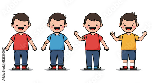 Four boys illustration with bandages on arms showing children after vaccination symbolizing healthcare and medicine for kids promoting child safety.