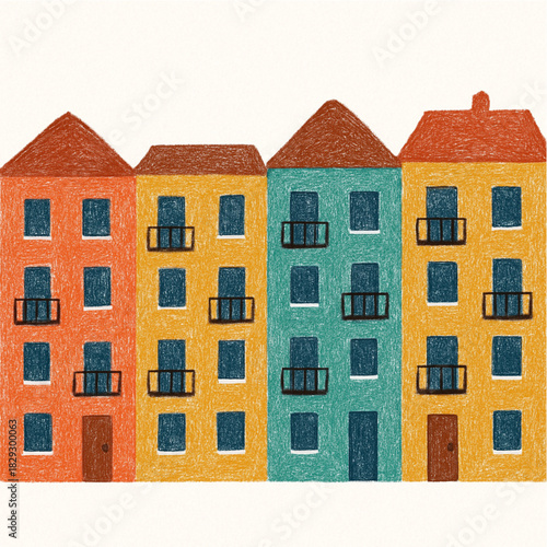 Illustration of European-style City Buildings and Row Houses