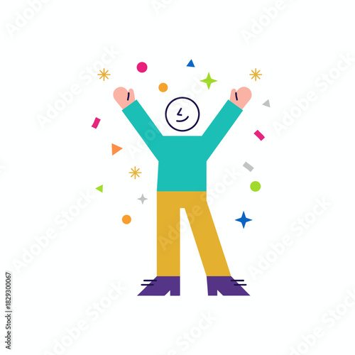 Cheerful Person Celebrating Success with Arms Raised Amidst Colorful Confetti.