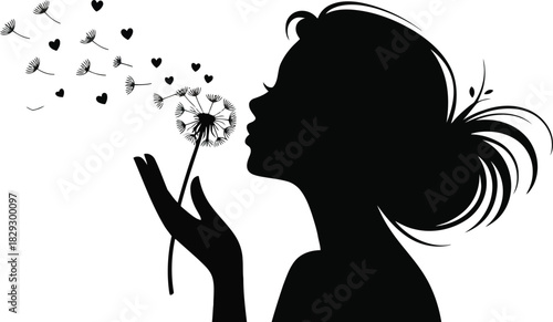 Beautiful young woman silhouette in profile gently blowing a dandelion with seeds transforming into tiny hearts