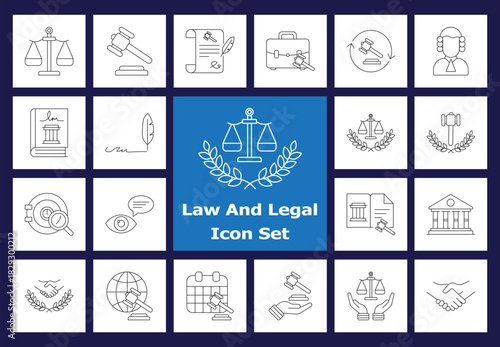 Outline Law and Justice Line Icons. Scales, Gavel, Verdict, Agreement, and Legal Procedure Thin Stroke Vectors for Judiciary Concepts.